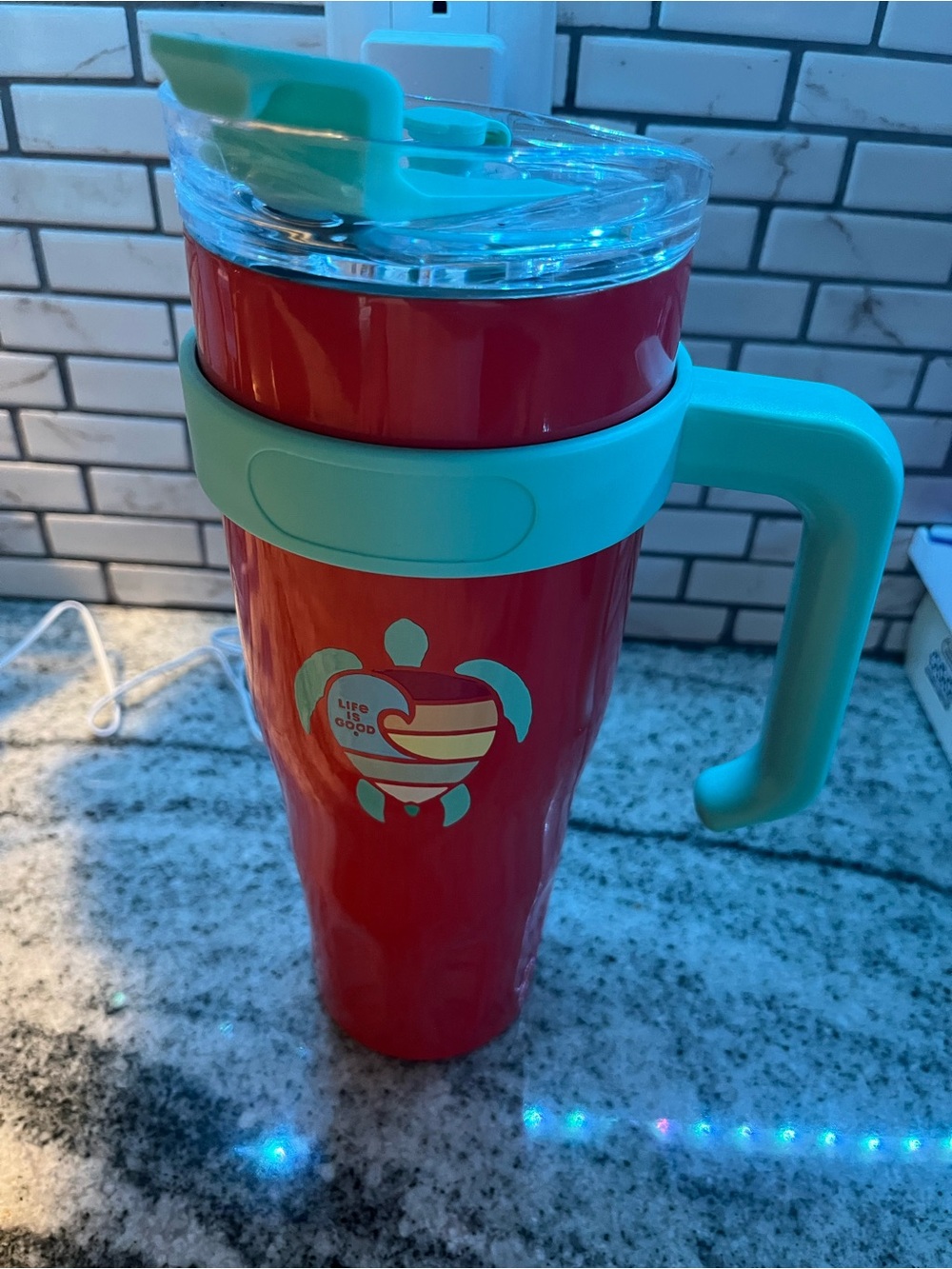 Life Is Good Red & Teal Turtle Travel Mug with Handle 40oz